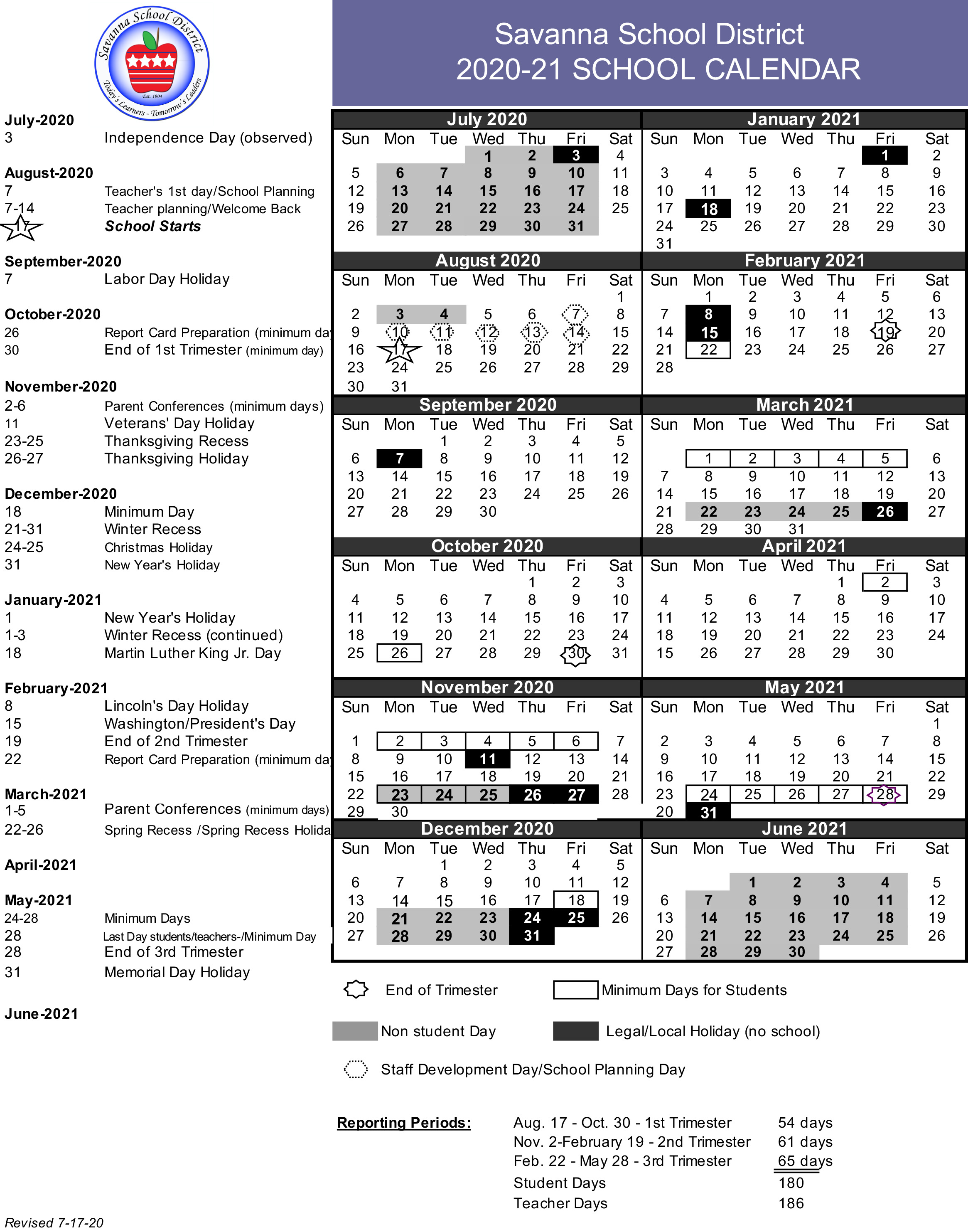 Savanna School District Academic Calendar